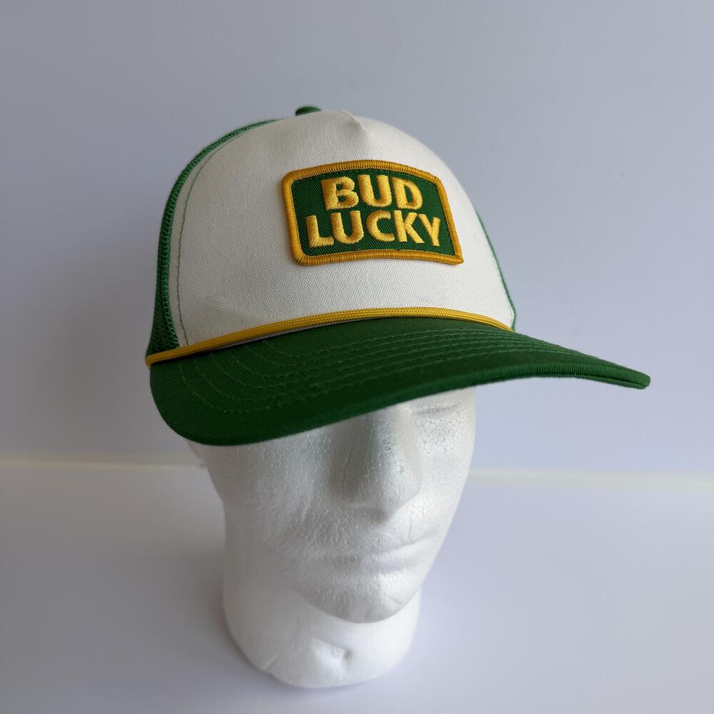 Bud Lucky Hat Cap Snap Back One Size Green White Trucker Patch Mesh Mens
